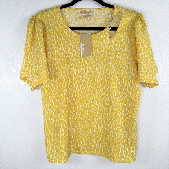 Michael Kors Dandelion Yellow Leopard Print Blouse Medium Animal Print NWT - Picture 1 of 9